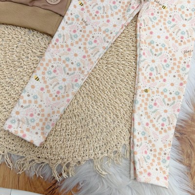  Conj. Casaco Ursinha de Boina e Calça Legging Floral - Marrom e Areia
